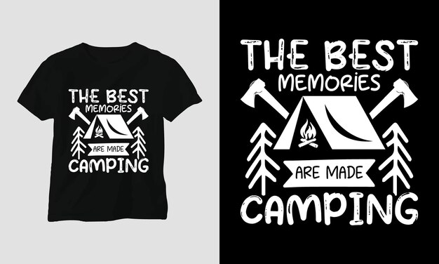 Campeggio svg design con campo, tenda, montagna, jangle, albero, nastro, silhouette escursionismo