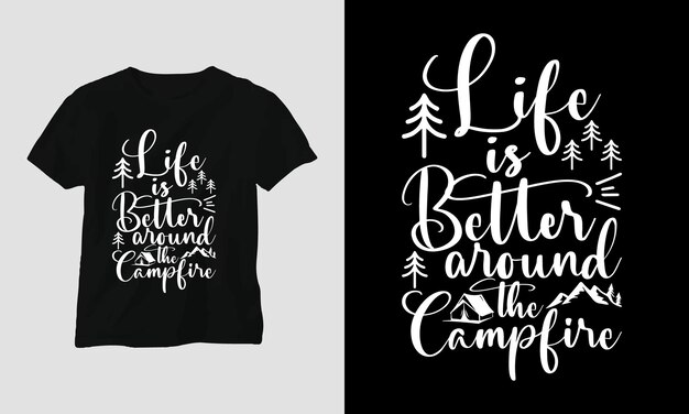 Camping SVG-ontwerp met kamp, tent, berg, jangle, boom, lint, wandelen silhouet