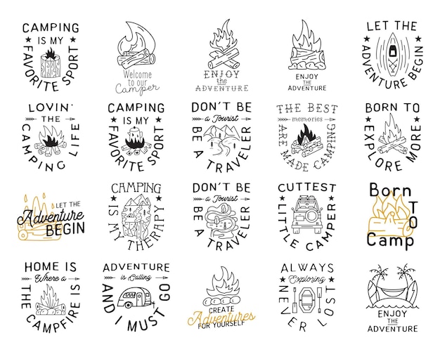 Vector camping t shirt designs collection in minimalist line art style with different quotes travel linear emblems hiking silhouette labels stock vector badges