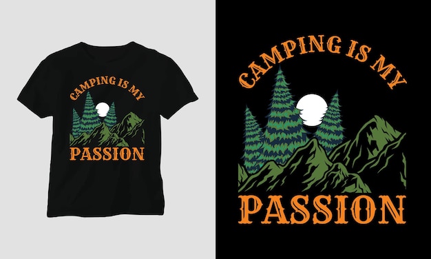 Camping T-shirt ontwerp vector. Beste gebruik voor T-Shirt, mag, sticker, muurmat, enz.