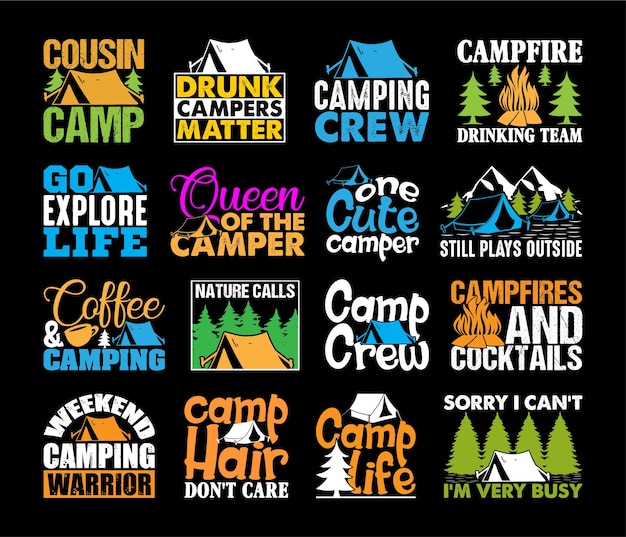 Camping t-shirt ontwerpbundel camping t-shirt quotes over kamperen wandelen reizen avontuur