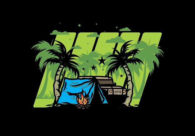 Camping tent in front of car between coconut tree illustration