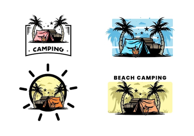 Camping tent in front of car between coconut tree illustration