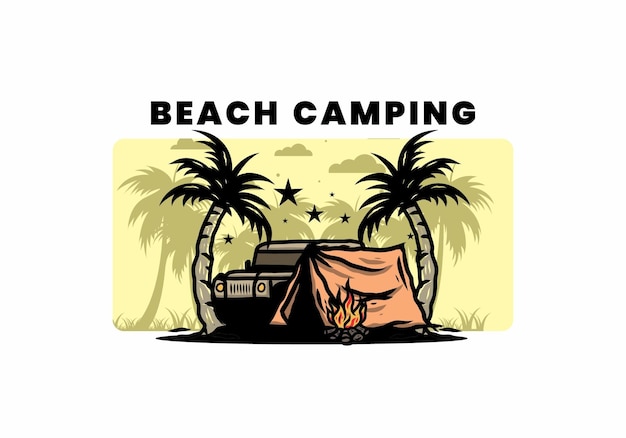 Camping tent in front of car between coconut tree illustration