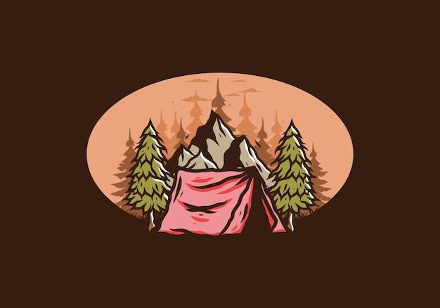 Camping tent in front of the mountain and between pine trees