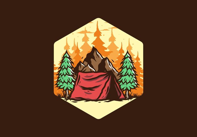 Camping tent in front of the mountain and between pine trees