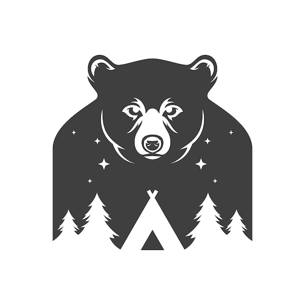 Tenda da campeggio escursionismo spedizione orso foresta notte sagoma vintage logo design illustrazione vettoriale