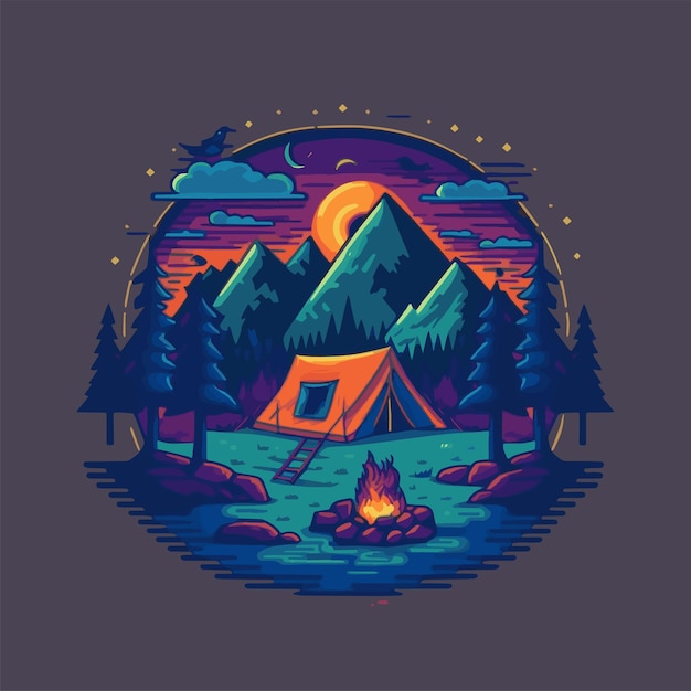 Camping Tent Illustratie met Bergen Bos voor Logo Badges Poster Embleem