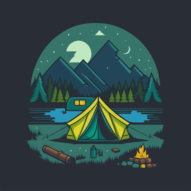 Camping Tent Illustration with Mountains Forest for Logo Badges Poster Emblem