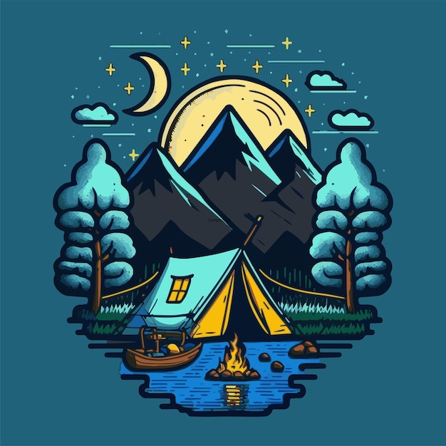 Camping Tent Illustration with Mountains Forest for Logo Badges Poster Emblem