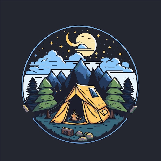 Camping Tent Illustration with Mountains Forest for Logo Badges Poster Emblem