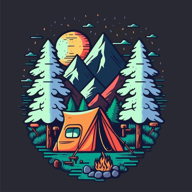 Vector camping tent illustration with mountains forest for logo badges poster emblem