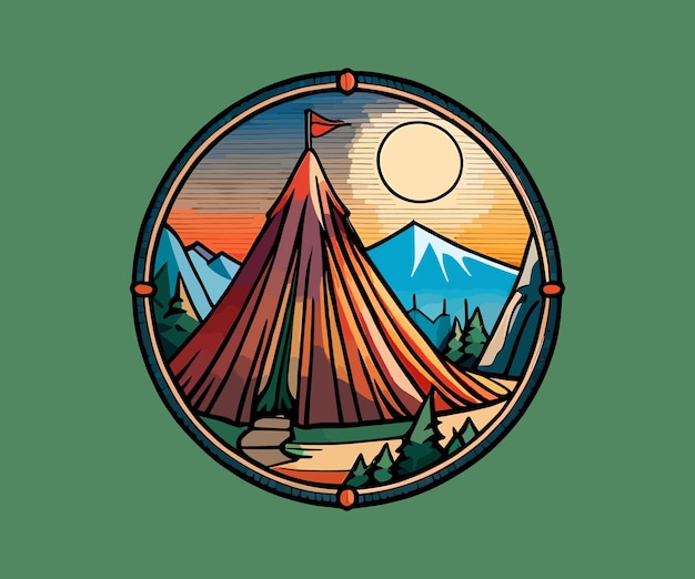 Illustrazione della tenda da campeggio con il vettore della foresta delle montagne per l'emblema del manifesto dei distintivi di logo della maglietta