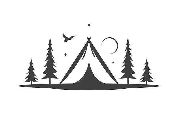 Camping tent nacht bos halt houden natuur expeditie toerisme monochroom vintage pictogram ontwerp vector