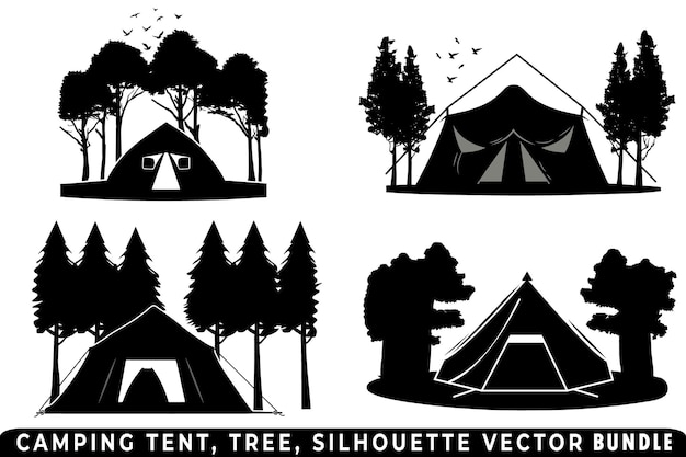 Pacchetto vettore silhouette tenda da campeggio pacchetto vettore tenda e albero silhouette campeggio all'aperto