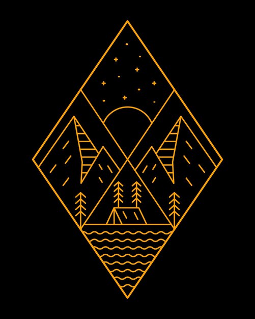 Vector camping tent under the stars of the mountain mono line vector illustration in four shapes of diamond