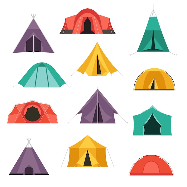 Camping tents vector icon. Triangle and dome flat design tents. Tourist hiking equipment isolated on white background. Green, blue, yellow and blue colors. Vector tent pictograms.