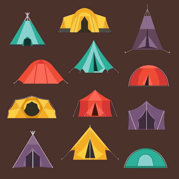 Camping tents vector icon. Triangle and dome flat design tents. Tourist hiking equipment isolated on white background. Green, blue, yellow and blue colors. Vector tent pictograms.