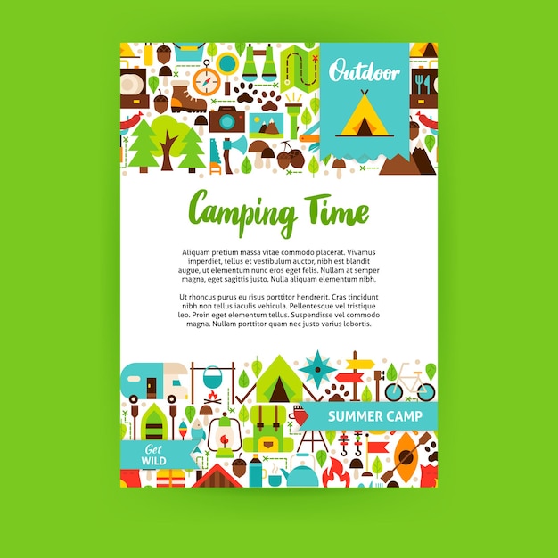 キャンプ時間ポスター。アドベンチャープロモーションのブランドアイデンティティのフラットデザインベクトルイラスト。
