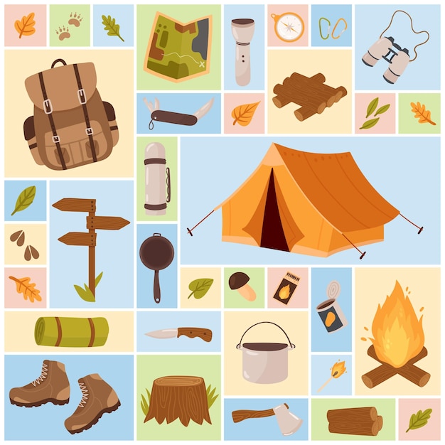 Camping tools for hiking adventure set summer forest campsite and tourism objects