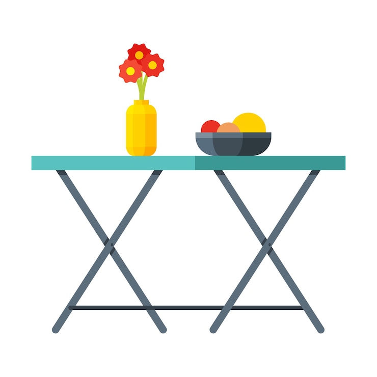 Vector camping tourist table with dish of fresh fruits and vase with red flowers hiking folding furniture flat vector illustration