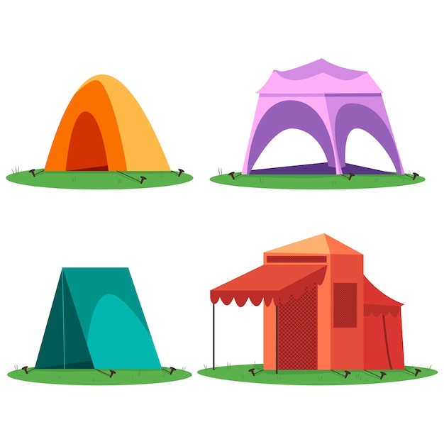 Vector camping and tourist tents cartoon set isolated