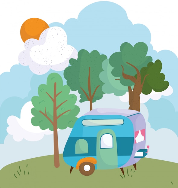 Vector camping trailer bush bomen weide zon wolk cartoon