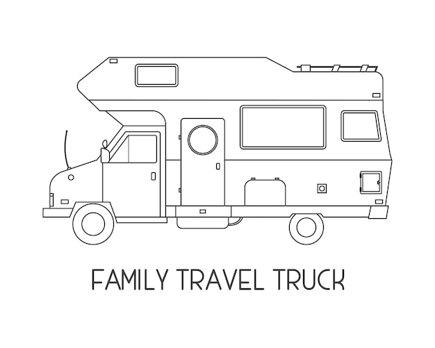 Camping trailer familie caravan Reizende vrachtwagen camper omtrek icoon in dunne lijn ontwerp Vector platte vakantie RV illustratie geïsoleerd op witte achtergrond
