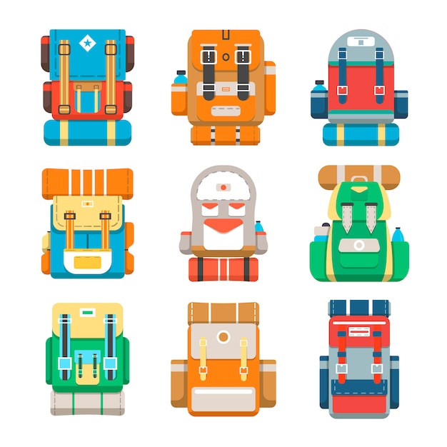 Camping and travel backpack icon set