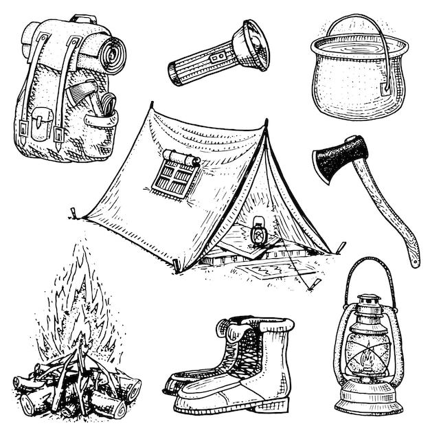 Camping trip, outdoor adventure, hiking. set of tourism equipment. engraved hand drawn in old sketch, vintage style for label. backpack and lantern, tent and saucepan, axe and boots, lantern and fire.