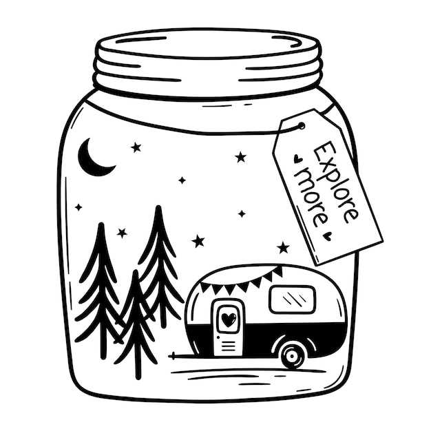 Camping Van in Mason Jar and inscription Explore more Sign of travel Camper tourism