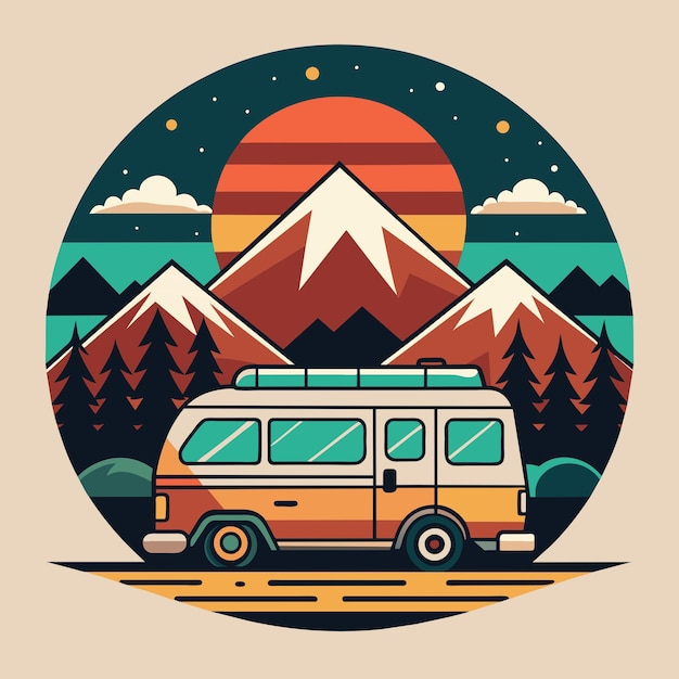 Camping van in the mountains Vector illustration in flat style