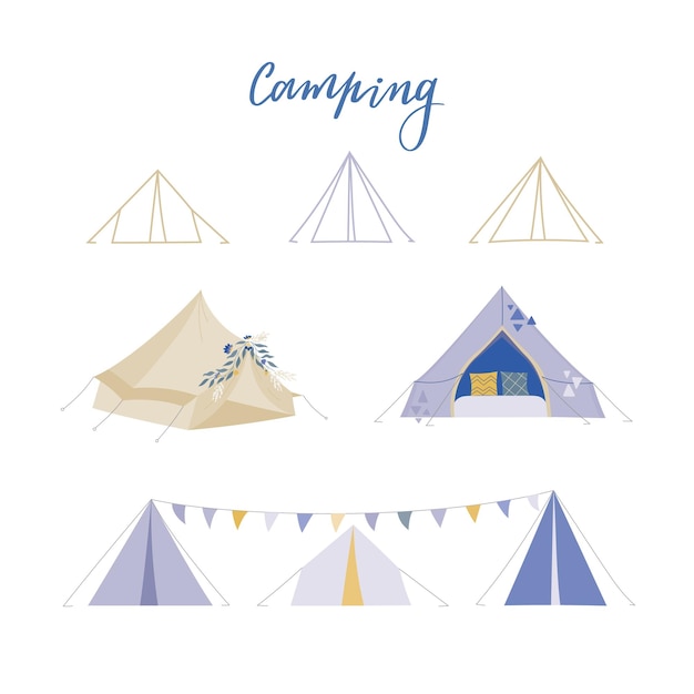 Camping vector illustrations Boho tent line tipi for web about summer camp nature rest