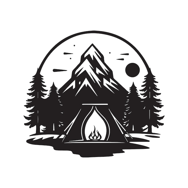 Camping vintage logo concept black and white color hand drawn illustration