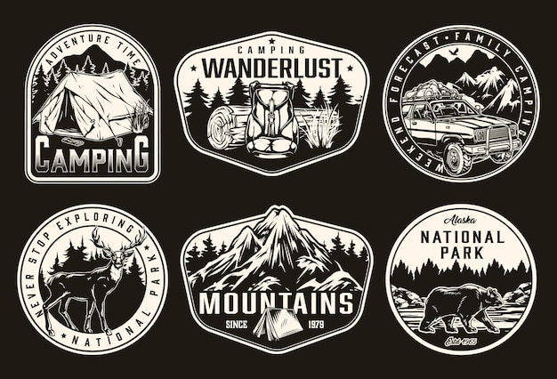Camping vintage monochrome afdrukken