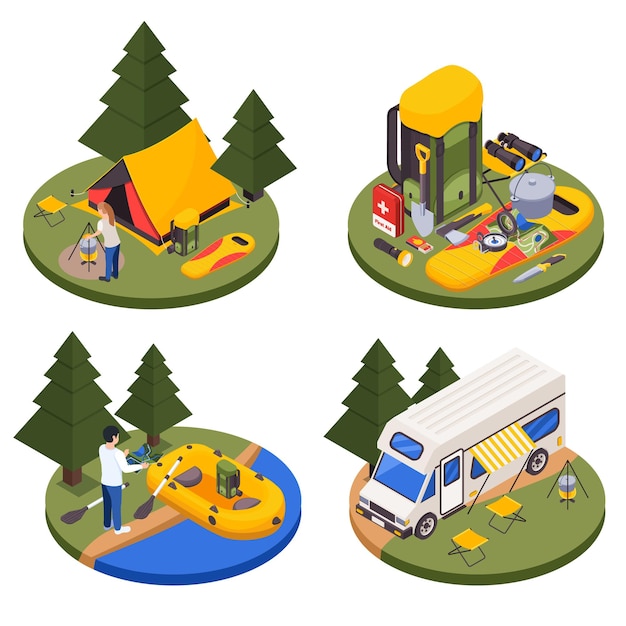 Camping wandelen toeristische isometrische set van vier ronde platforms met buiten illustratie