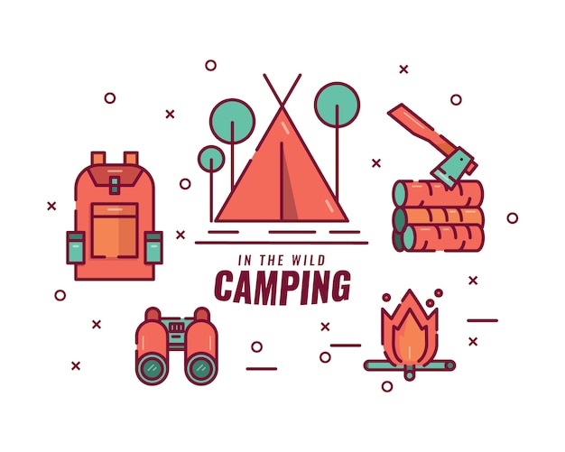 Camping in the wilds. campfire, tent, binoculars, baggage, and axe.