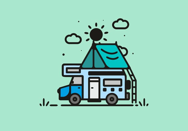 Camping with camper van line art illustration