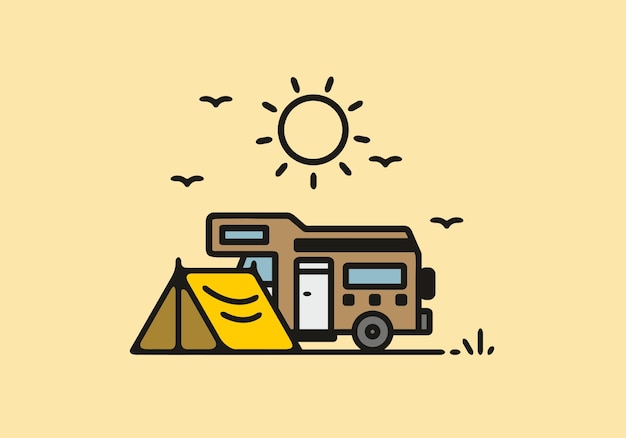 Camping with camper van line art illustration