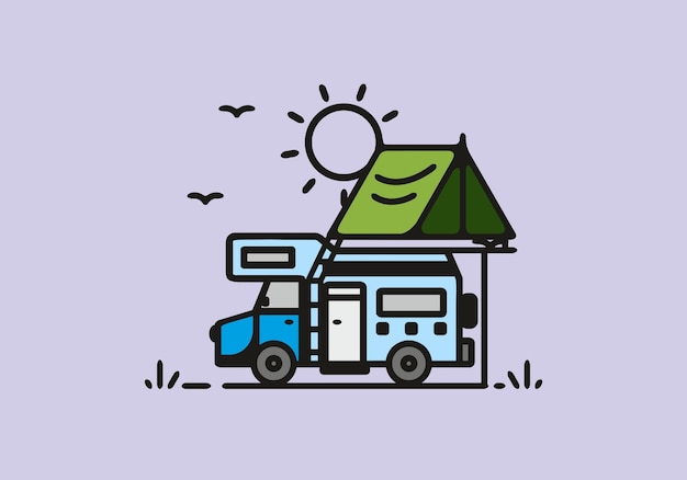 Camping with camper van line art illustration