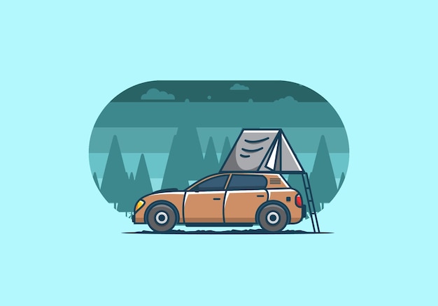 Camping with car flat illustration