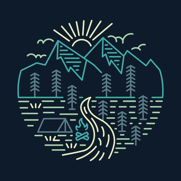 Campeggio con vista sul fiume e sulle montagne grafica illustrazione grafica vettoriale tshirt design