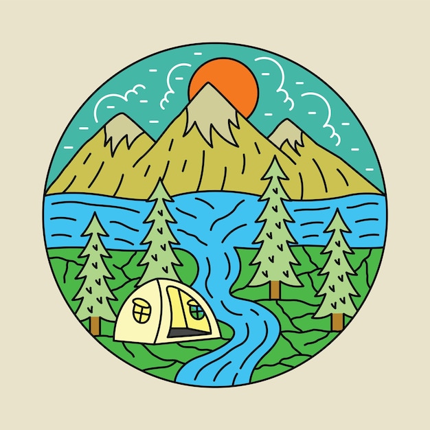 Camping with good view in the nature graphic illustration vector art tshirt designCamping with view of mountains and river graphic illustration vector art tshirt design