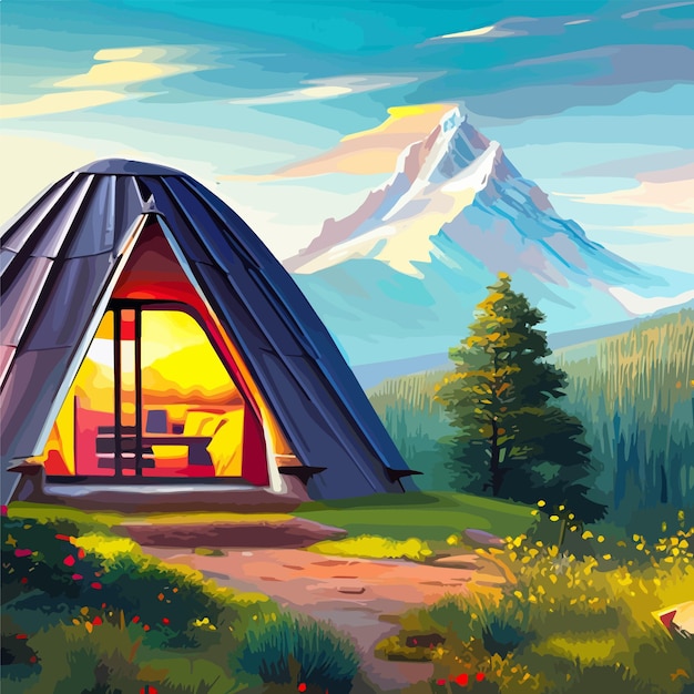 Vector camping with mountain and sunset sunrise outdoor recreation concept at one with nature vector