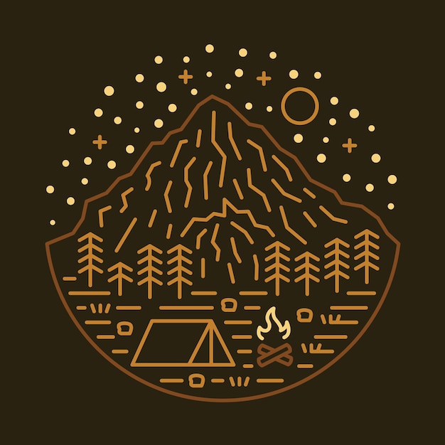 夜の山の景色とキャンプグラフィックイラストベクトルアートTシャツのデザイン