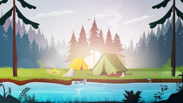 Vector camping with tents in the forest