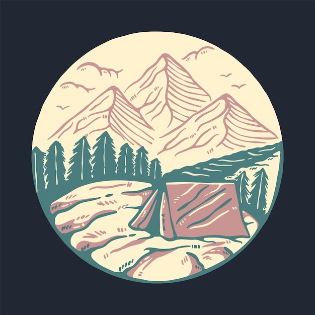 Camping with view of mountains graphic illustration vector art tshirt design