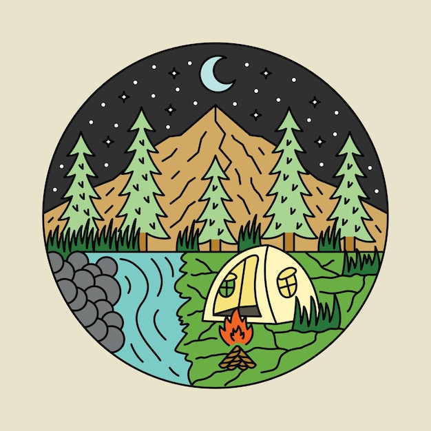 Vector camping with view of mountains and river graphic illustration vector art tshirt design