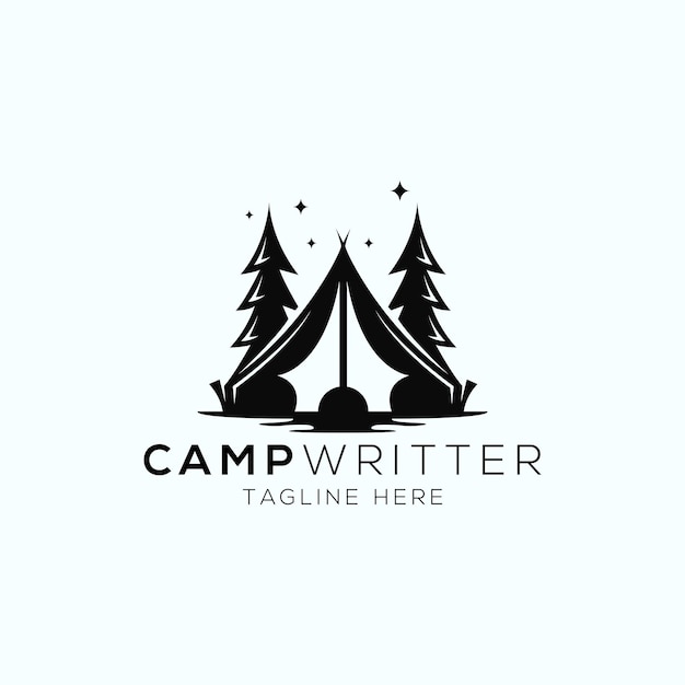 Modello di progettazione logo campeggio e scrittore con stile spazio negativo