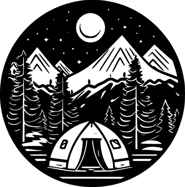 Camping zwart-wit vector illustratie